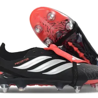 Adidas Predator Black Red Laceless Strap Closure Textured Synthetic Upper Firm-Ground Soccer Shoes