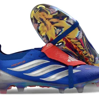 Adidas Predator Blue Red Laceless Strap Closure Iridescent Heel Counter Firm-Ground Soccer Shoes