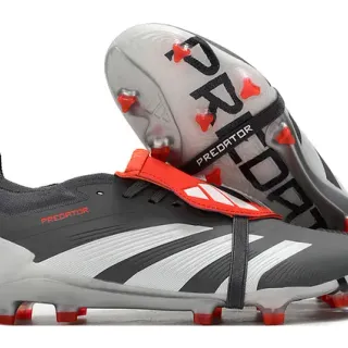 Adidas Predator Gray Red Laceless Strap Closure Three White Stripes Firm-Ground Soccer Shoes