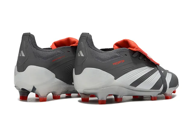 Adidas Predator Gray Red Laceless Strap Closure Three White Stripes Firm-Ground Soccer Shoes 2