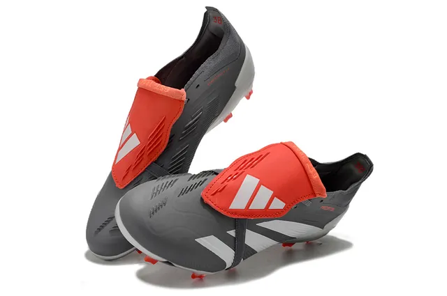 Adidas Predator Gray Red Laceless Strap Closure Three White Stripes Firm-Ground Soccer Shoes 3