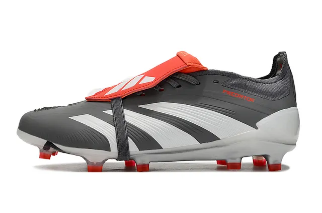 Adidas Predator Gray Red Laceless Strap Closure Three White Stripes Firm-Ground Soccer Shoes 4