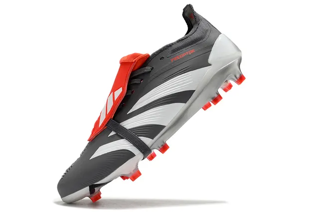 Adidas Predator Gray Red Laceless Strap Closure Three White Stripes Firm-Ground Soccer Shoes 6