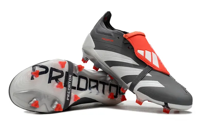 Adidas Predator Gray Red Laceless Strap Closure Three White Stripes Firm-Ground Soccer Shoes 7