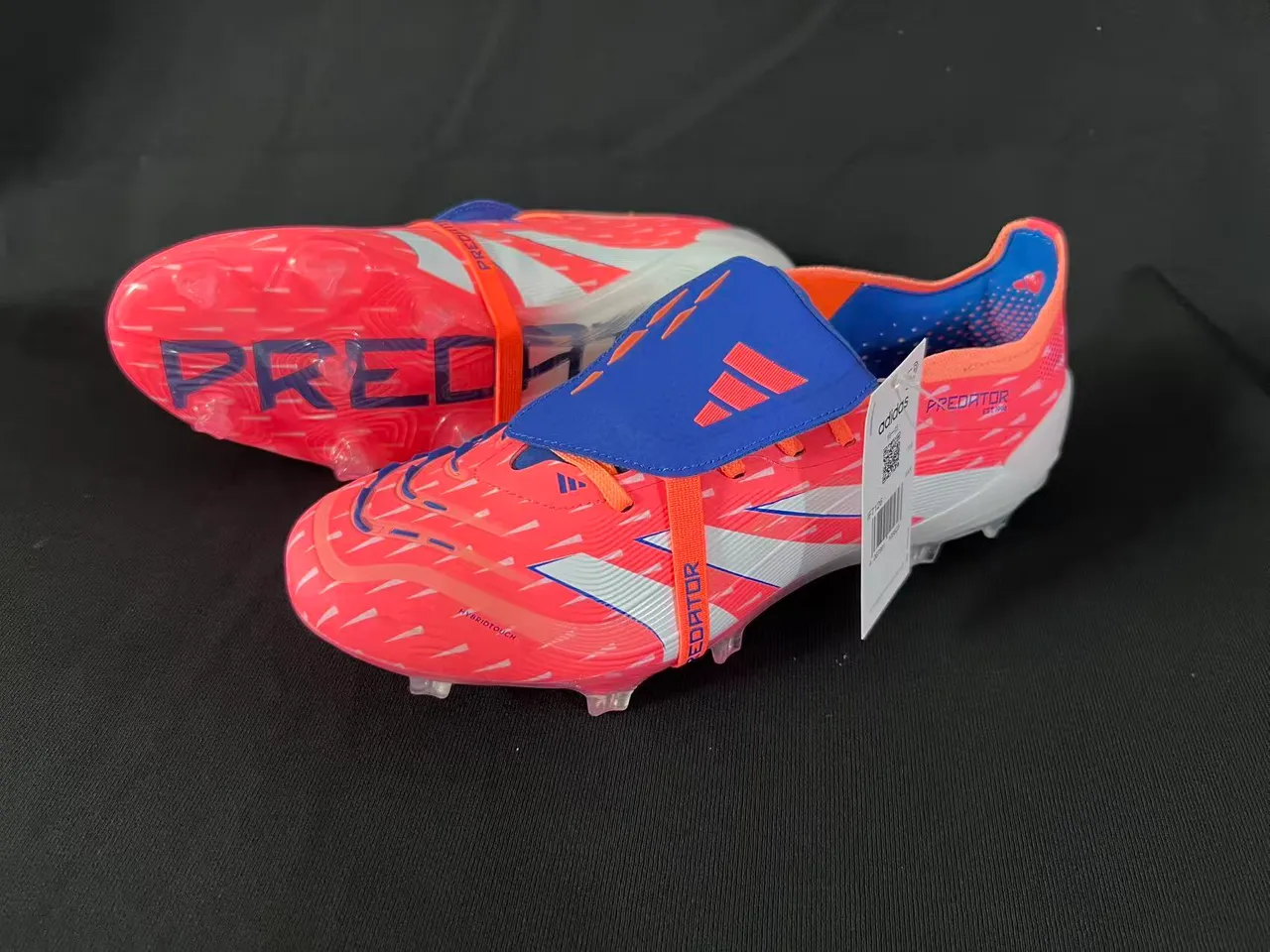 Adidas Predator Orange Bleu Sans lacets Fermeture à sangle Hybrid-Touch Haut Terrain ferme Chaussures de football 9