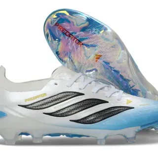 Adidas Predator White Blue Low-Cut Bootie Collar Iridescent Holographic Heel Counter Firm-Ground Soccer Shoes