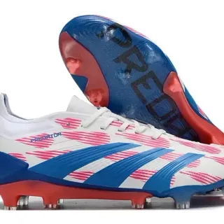 Adidas Predator White Blue Low-Cut Synthetic Upper Bold Striped Graphic Overlay Firm-Ground Soccer Shoes