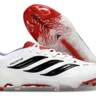 Adidas Predator White Red Synthetic Upper Black Three-Stripe Branding Firm-Ground Soccer Shoes