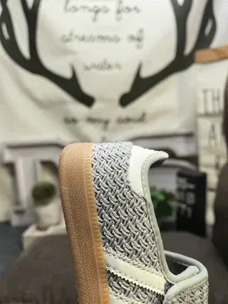 Adidas Samba Gray Beige Laceless Mary Jane Strap Woven Knit Upper Lifestyle Sneakers 3