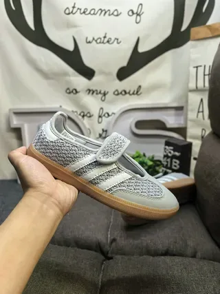 Adidas Samba Gray Beige Laceless Mary Jane Strap Woven Knit Upper Lifestyle Sneakers 5
