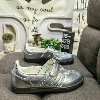 Adidas Silver Black Metallic Leather T-Bar Strap Mary Jane Shoes