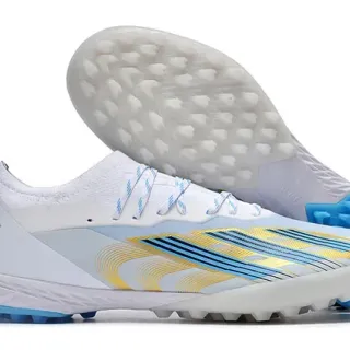 Adidas Zapatos de fútbol Turf blanco y azul low-cut con cuello sock-fit