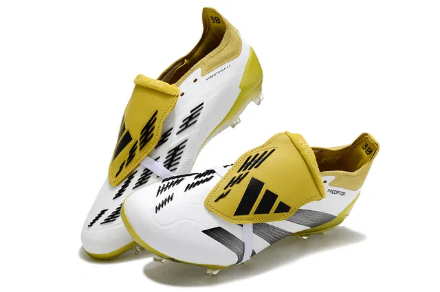 Adidas Blanc Jaune Sans Lacets Fermeture Sangle Collet Chaussure Enfilable Terrain Firme Chaussures de Football 2