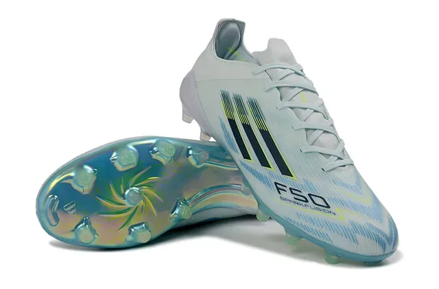 Chuteira Adidas X Sparkfluence branca azul verde para solo firme 4