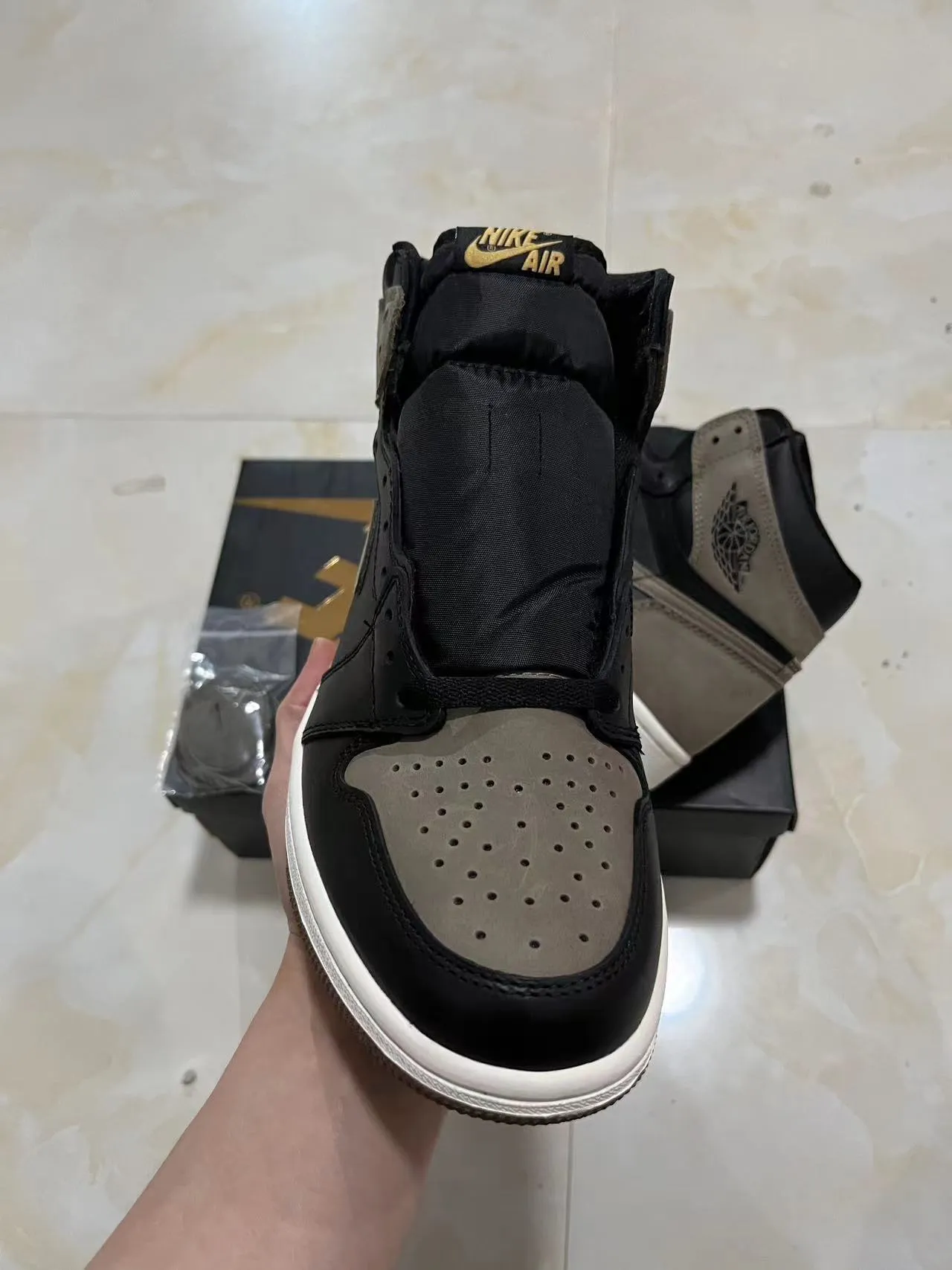 Air Jordan 1 Black Taupe Leather-Suede Basketball Shoes 3