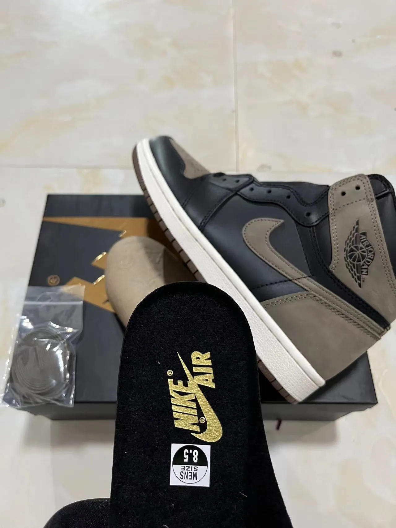 Air Jordan 1 Black Taupe Leather-Suede Basketball Shoes 9