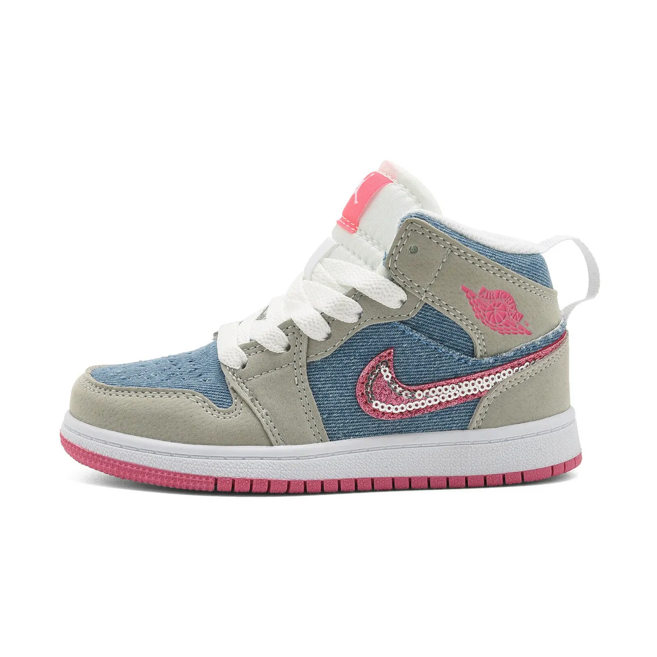 Air Jordan 1 High Kids Denim-Panel Beige Pink and Black Blue Basketball Shoes 11