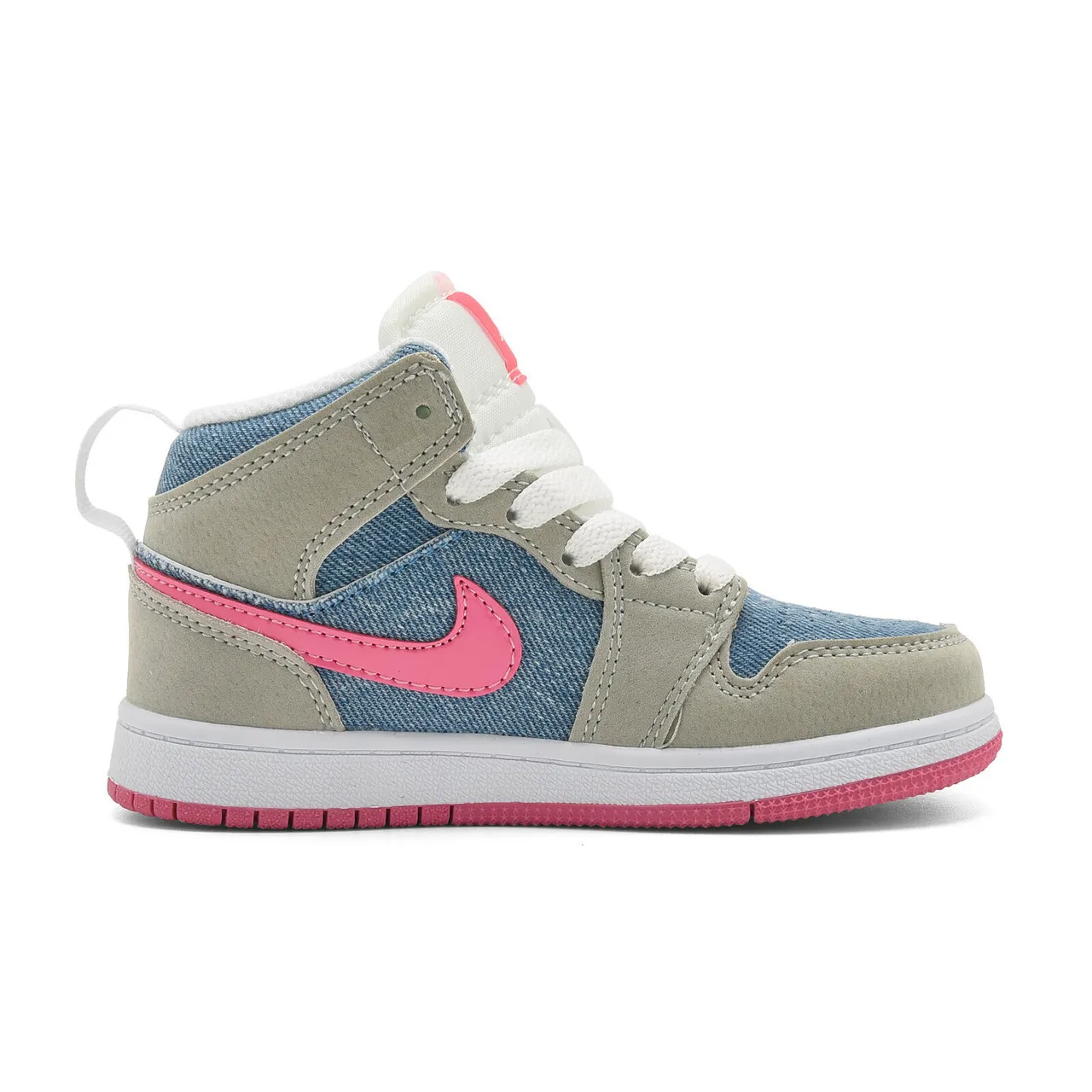 Air Jordan 1 High Kids Denim-Panel Beige Pink and Black Blue Basketball Shoes 12