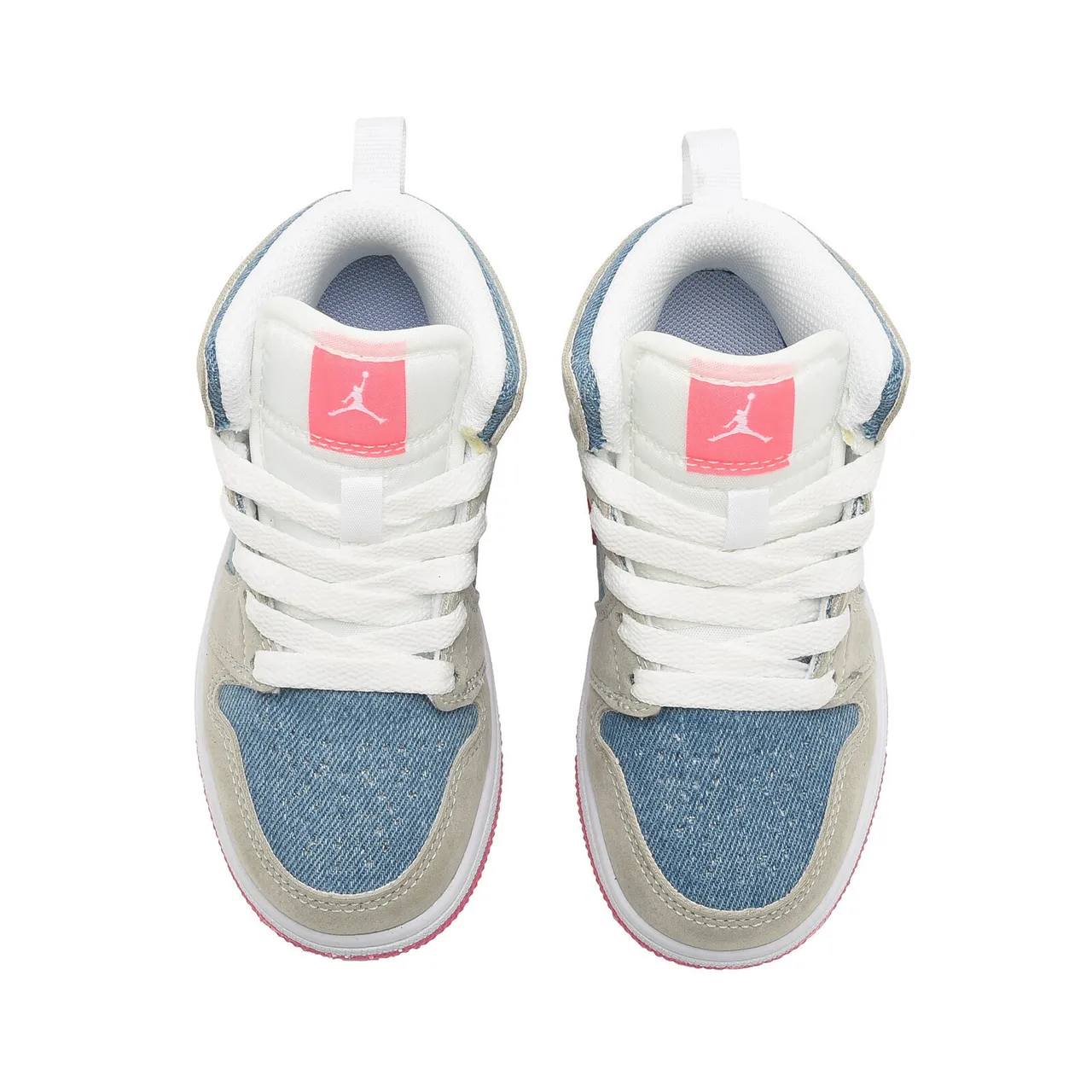 Air Jordan 1 High Kids Denim-Panel Beige Pink and Black Blue Basketball Shoes 15