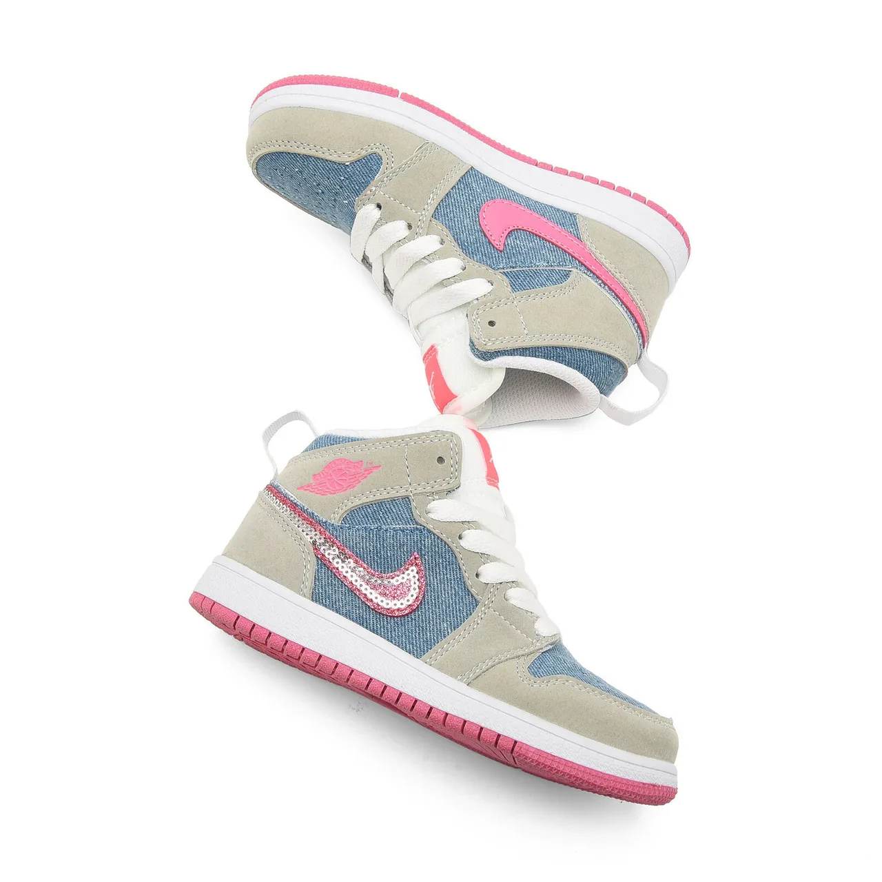 Air Jordan 1 High Kids Denim-Panel Beige Pink and Black Blue Basketball Shoes 16