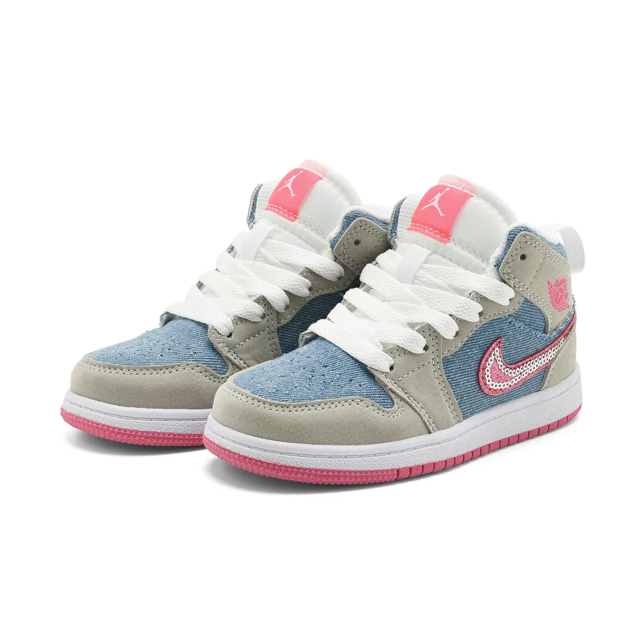Air Jordan 1 High Kids Denim-Panel Beige Pink and Black Blue Basketball Shoes 17