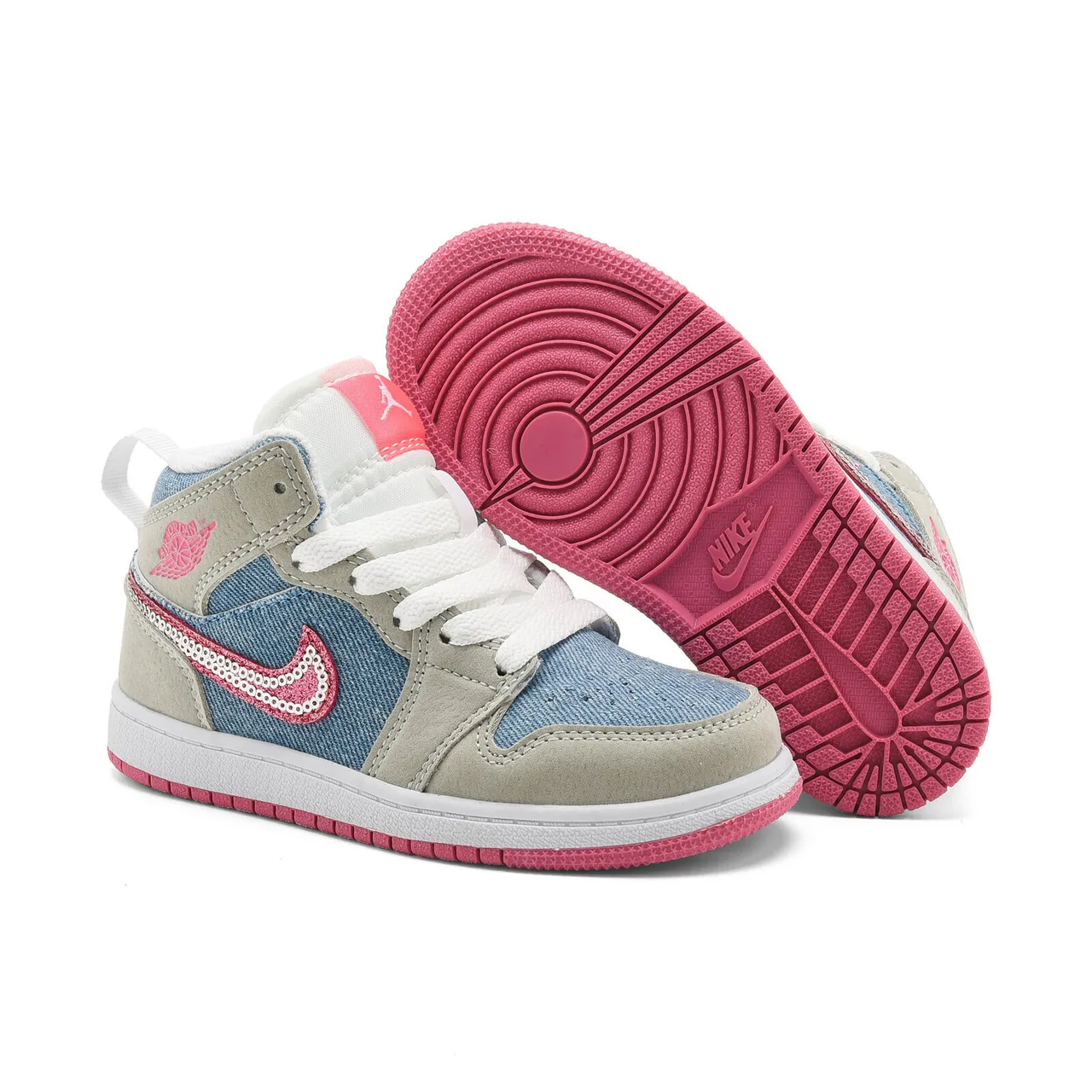 Air Jordan 1 High Kids Denim-Panel Beige Pink and Black Blue Basketball Shoes 18