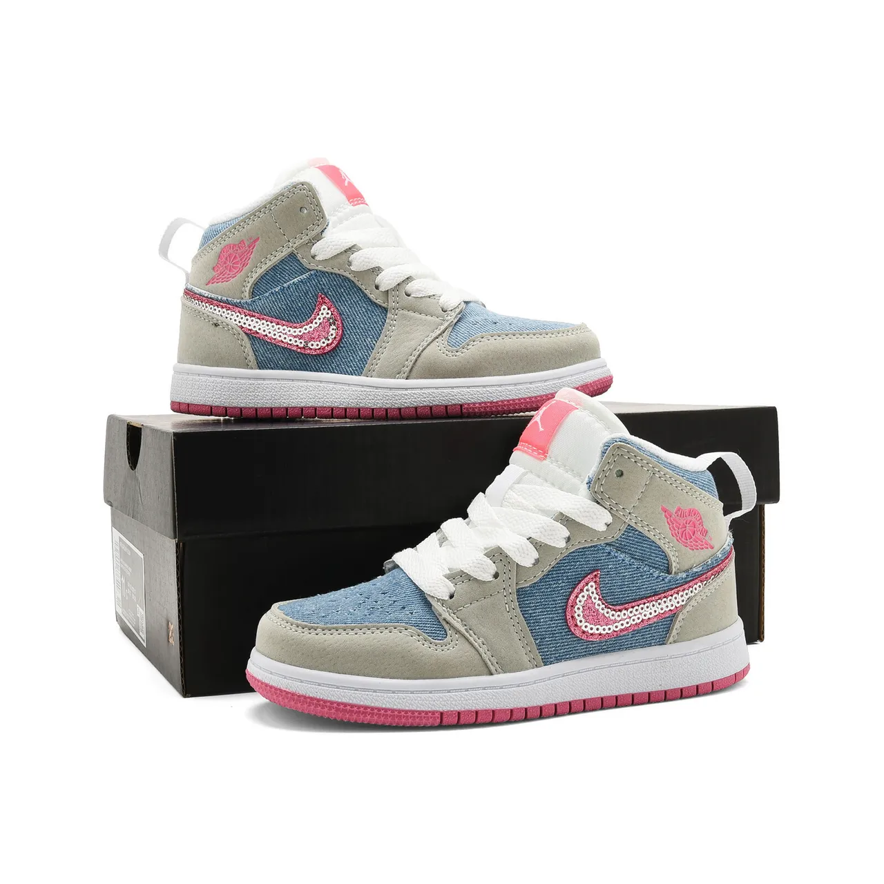 Air Jordan 1 High Kids Denim-Panel Beige Pink and Black Blue Basketball Shoes 19