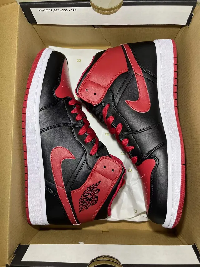 Air Jordan 1 Mid Black University Red White Basketball Shoes 6