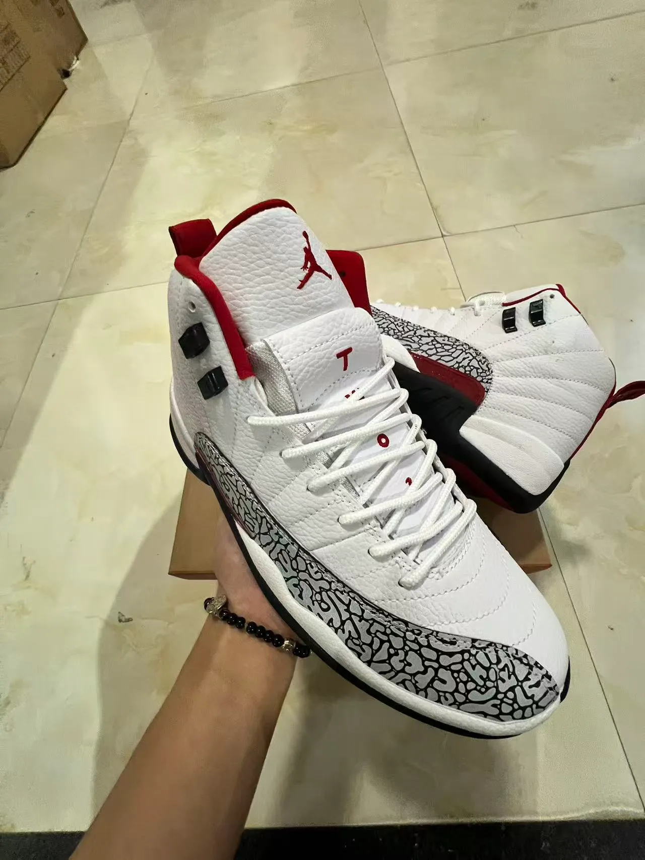 Air Jordan 12 White Black Red Elephant Print Basketball Shoes 2