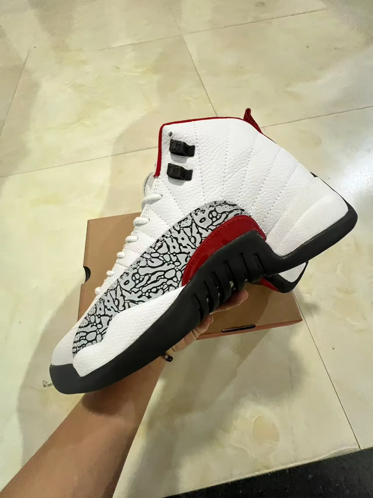 Air Jordan 12 White Black Red Elephant Print Basketball Shoes 5