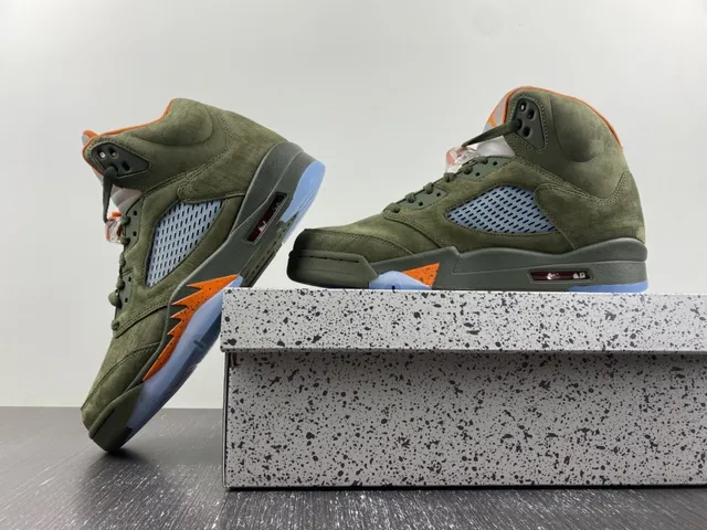 Air Jordan 5 Olive Green Orange Flame Basketball Shoes 4
