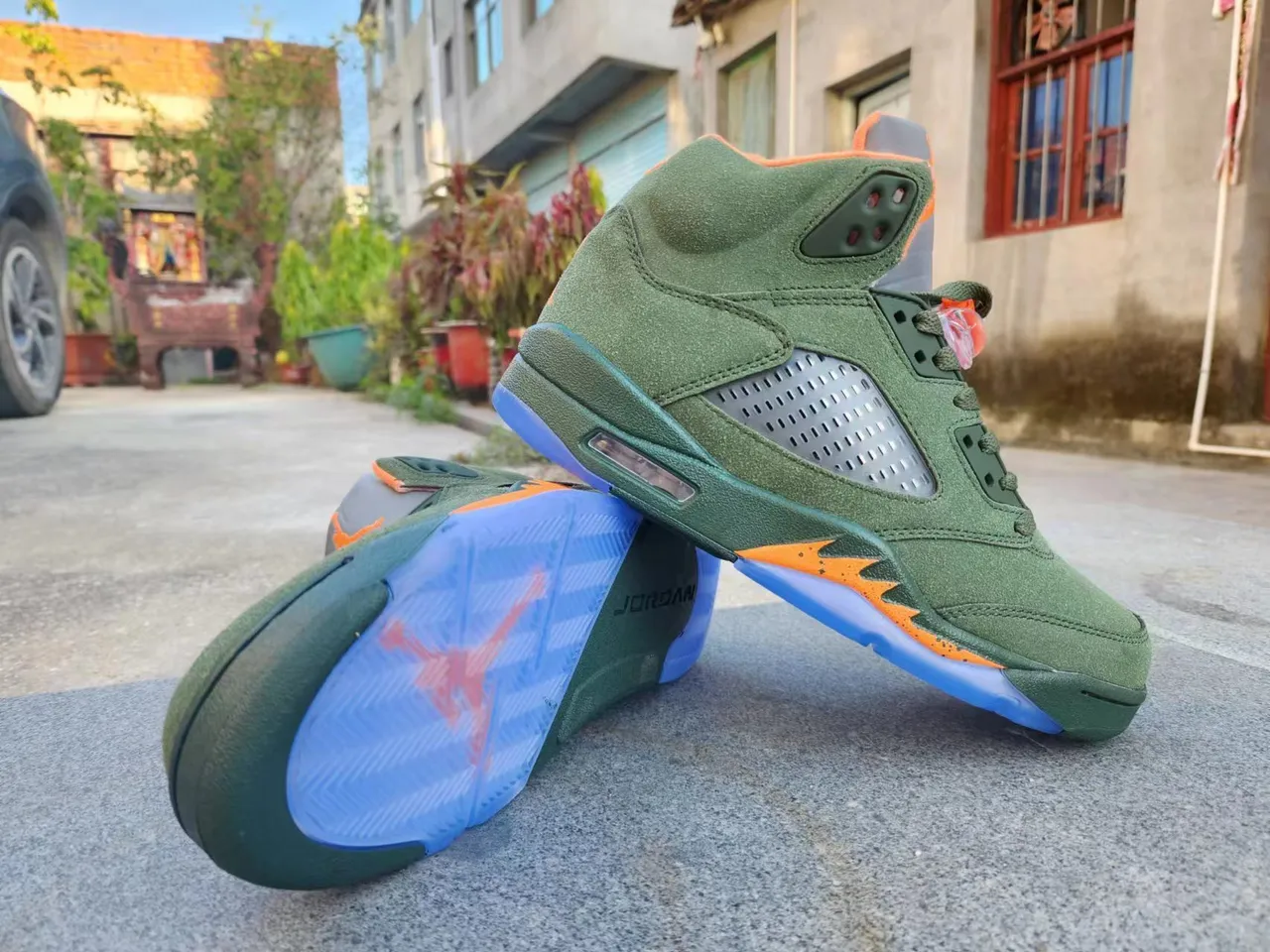 Air Jordan 5 Olive Green Orange Flame Basketball Shoes 4