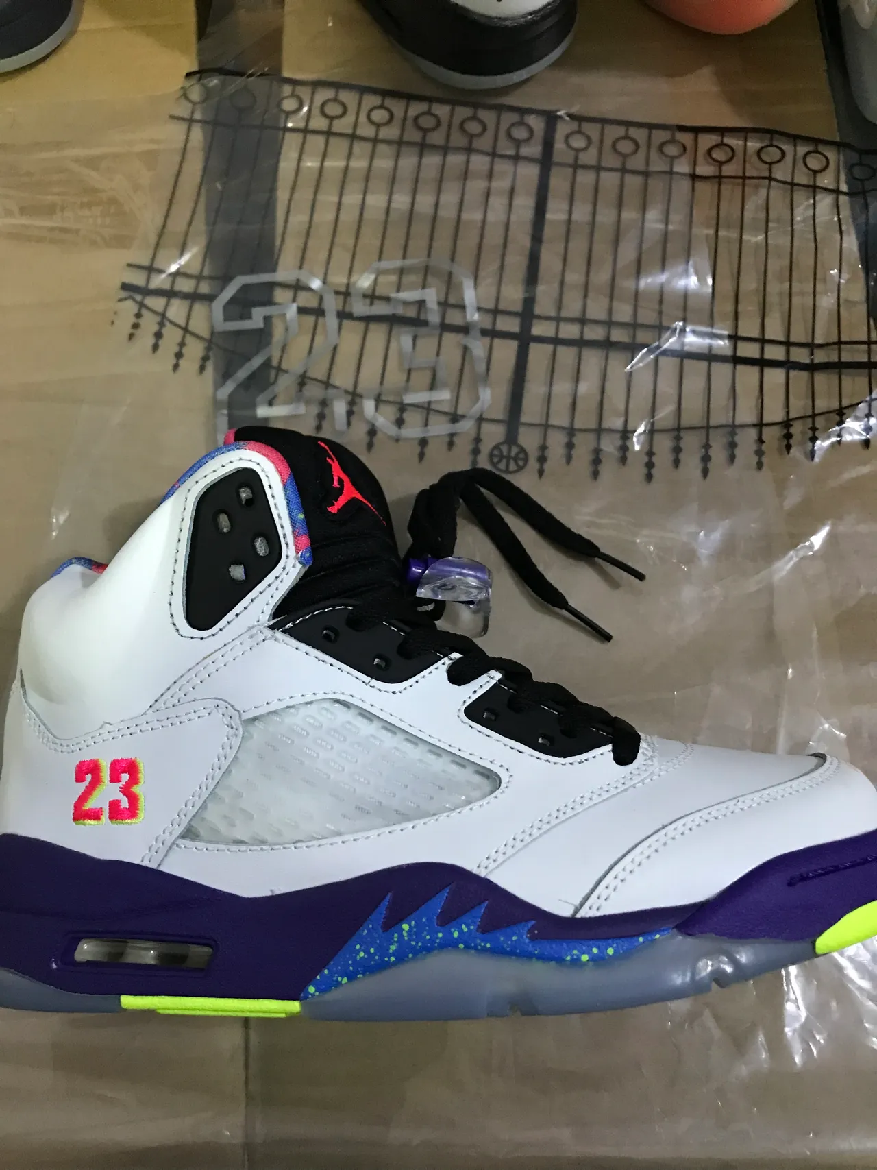 Air Jordan 5 tênis de basquete branco roxo verde neon 9