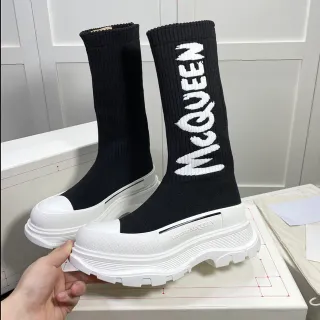 Alexander McQueen Oversized Sneaker Black and White Knit Knee Boots