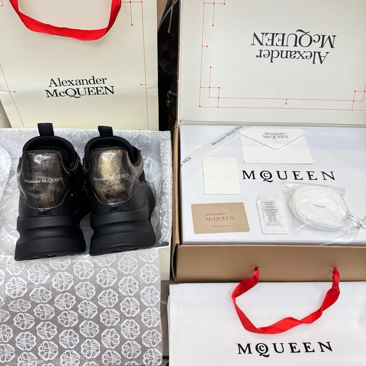 Alexander McQueen Oversized Sneaker Black Gold Platform Sole Mixed-Material Upper Chunky Sneakers 4