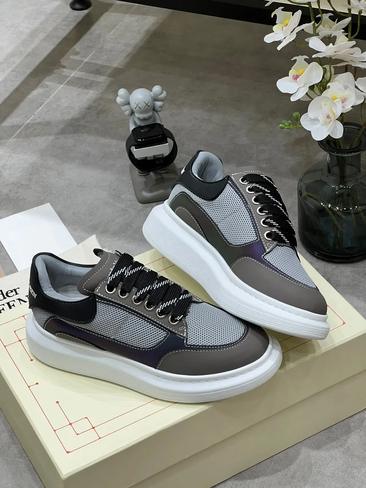 Alexander McQueen Oversized Sneaker Gray and Black Mesh Leather Lifestyle Sneakers 2