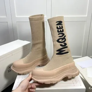 Alexander McQueen Tread Slick Beige Knit Logo Knee Boots