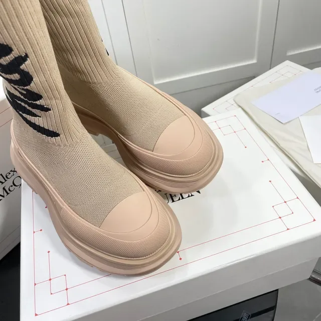 Alexander McQueen Tread Slick Beige Knit Logo Knee Boots 2