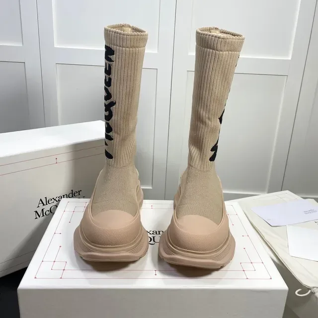 Alexander McQueen Tread Slick Beige Knit Logo Knee Boots 3