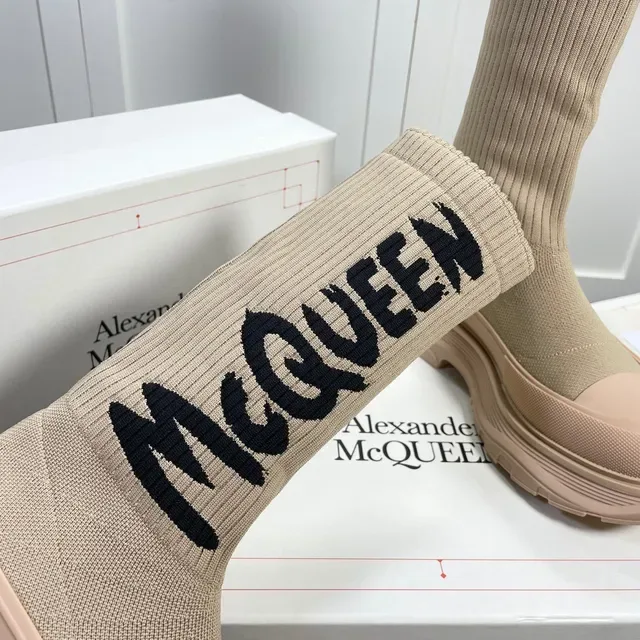 Alexander McQueen Tread Slick Beige Knit Logo Knee Boots 4