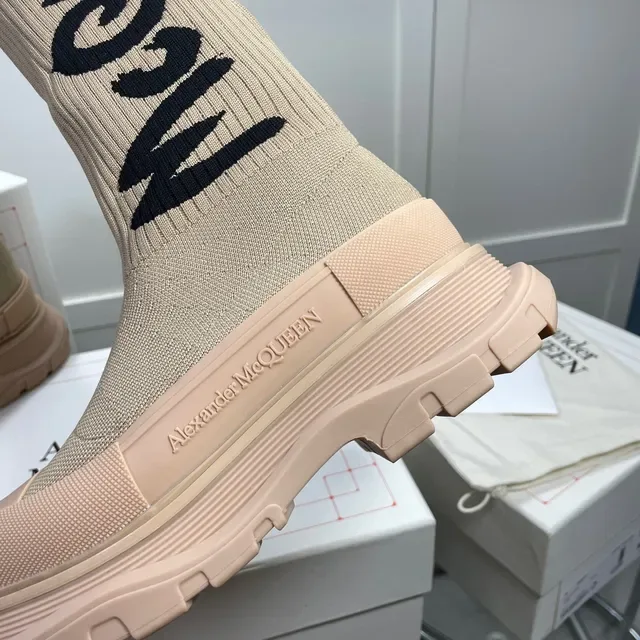 Alexander McQueen Tread Slick Beige Knit Logo Knee Boots 5