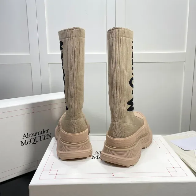Alexander McQueen Tread Slick Beige Knit Logo Knee Boots 7