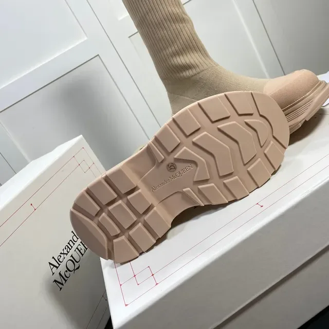 Alexander McQueen Tread Slick Beige Knit Logo Knee Boots 8