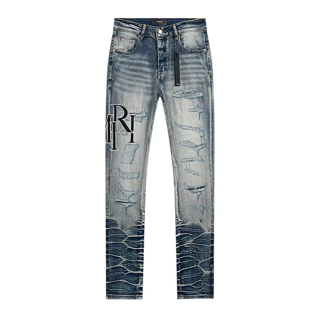 Amiri Distressed Slim Fit Embroidered Monogram Blue Jeans 2