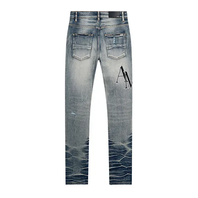 Amiri Distressed Slim Fit Embroidered Monogram Blue Jeans 3