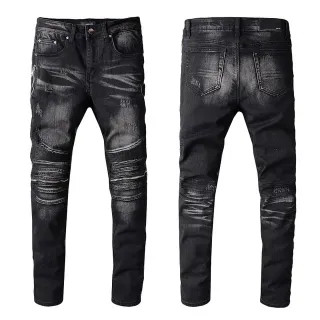 Amiri Motorcycle Black Gray Distressed Denim Paneling Jeans