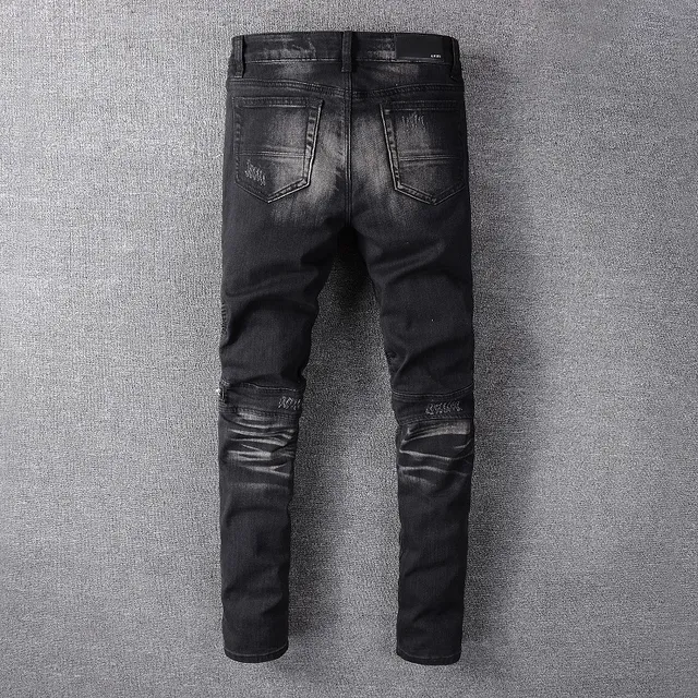 Amiri Motorcycle Black Gray Distressed Denim Paneling Jeans 4