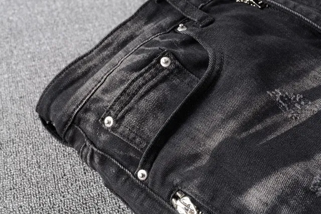 Amiri Motorcycle Black Gray Distressed Denim Paneling Jeans 6