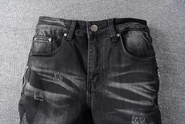Amiri Motorcycle Black Gray Distressed Denim Paneling Jeans 10