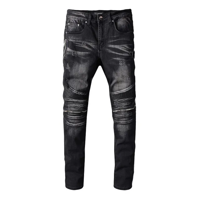 Amiri Motorcycle Black Gray Distressed Denim Paneling Jeans 11